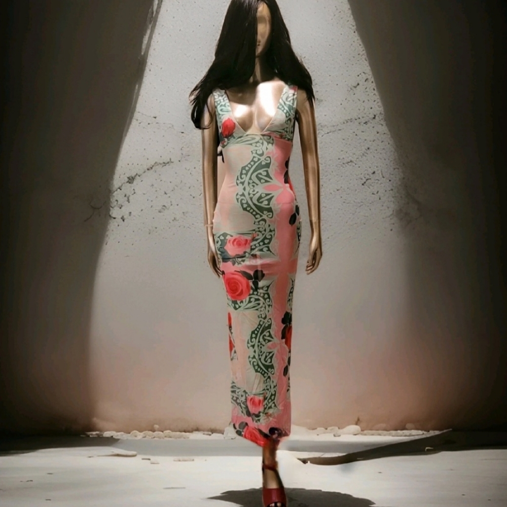NWT Sexy Vibrant Romantic Floral Print Mesh Bodycon Maxi Dress Sz S - Picture 9 of 16